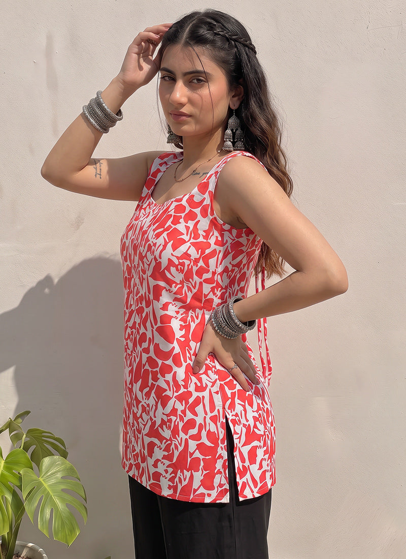 Red And White Printed Cotton Sleeveless Kurti