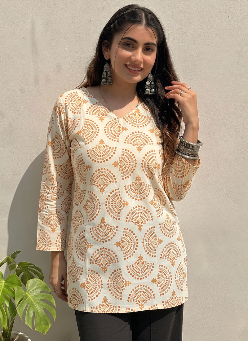 Off White Cotton Printed V Neck Kurti