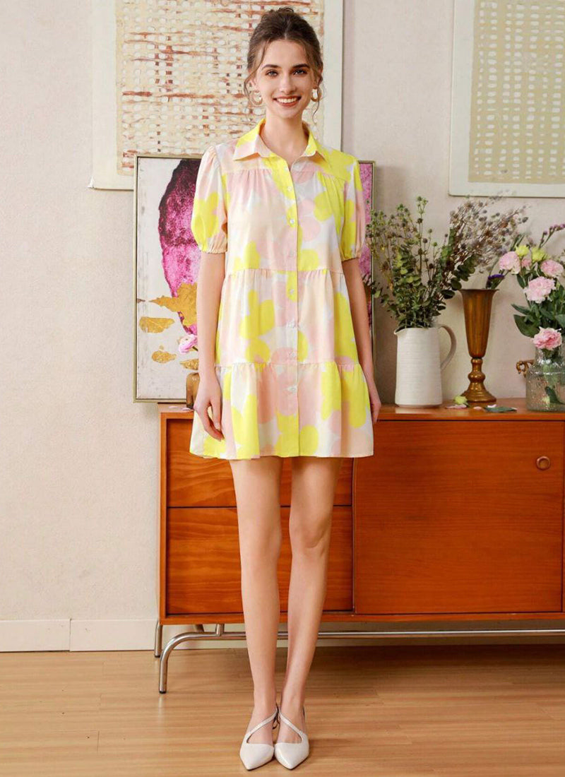 Yellow And Cream Cotton Printed One Piece Mini Dress