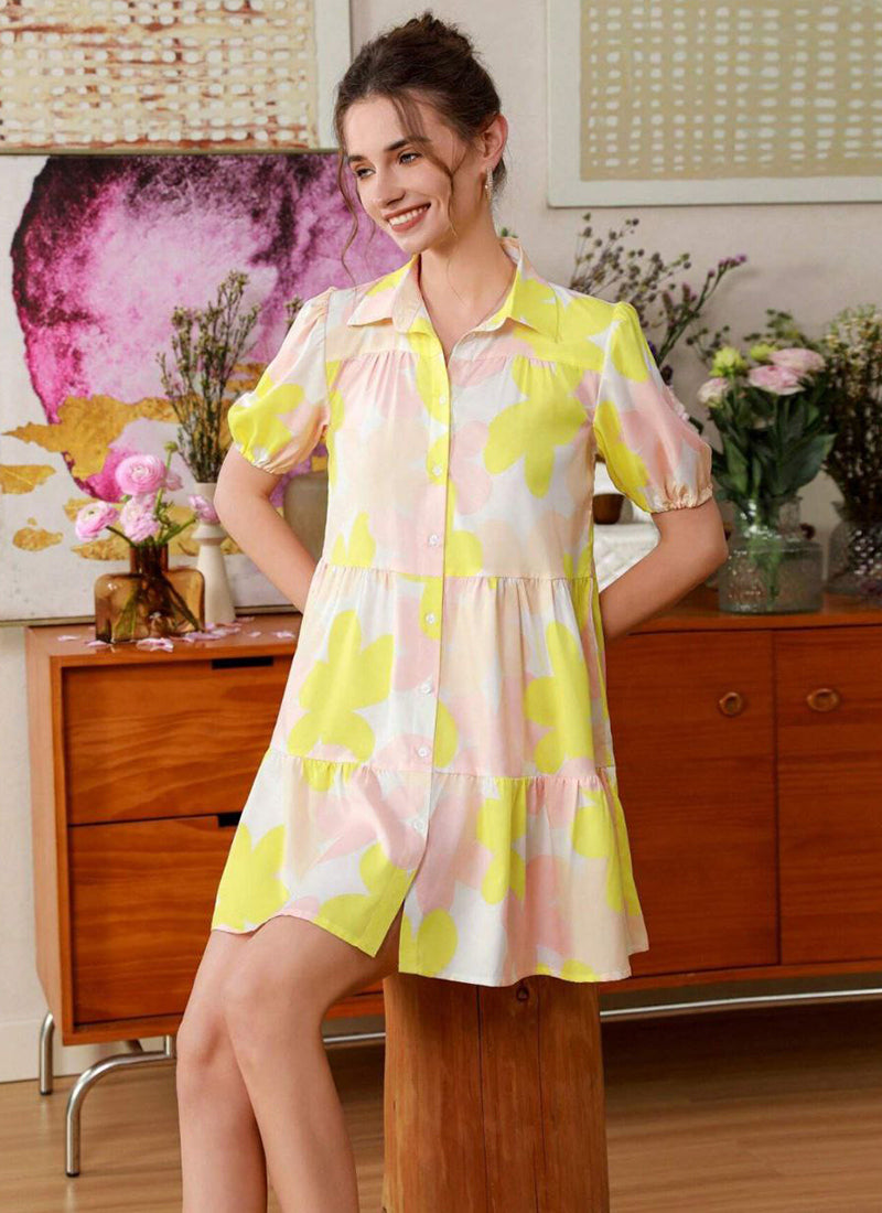 Yellow And Cream Cotton Printed One Piece Mini Dress