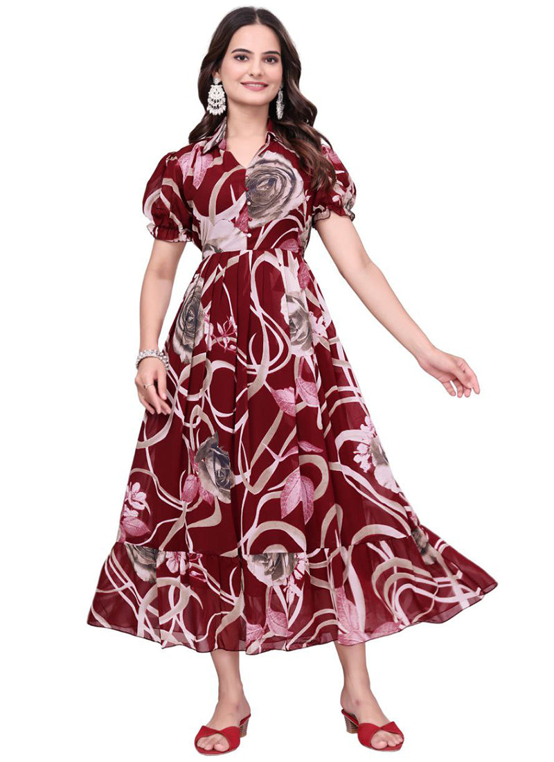 Maroon Geometric Printed Georgette Fit & Flare Midi Dress