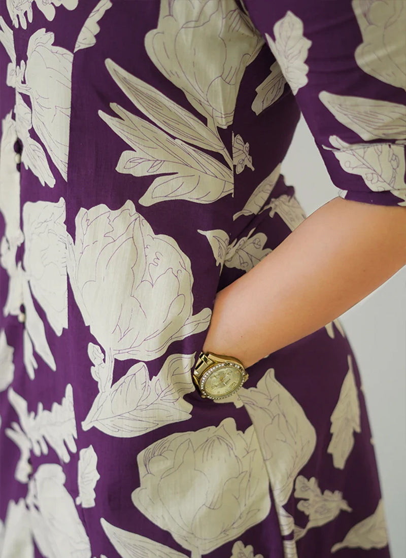 Purple floral printed midi A line dress