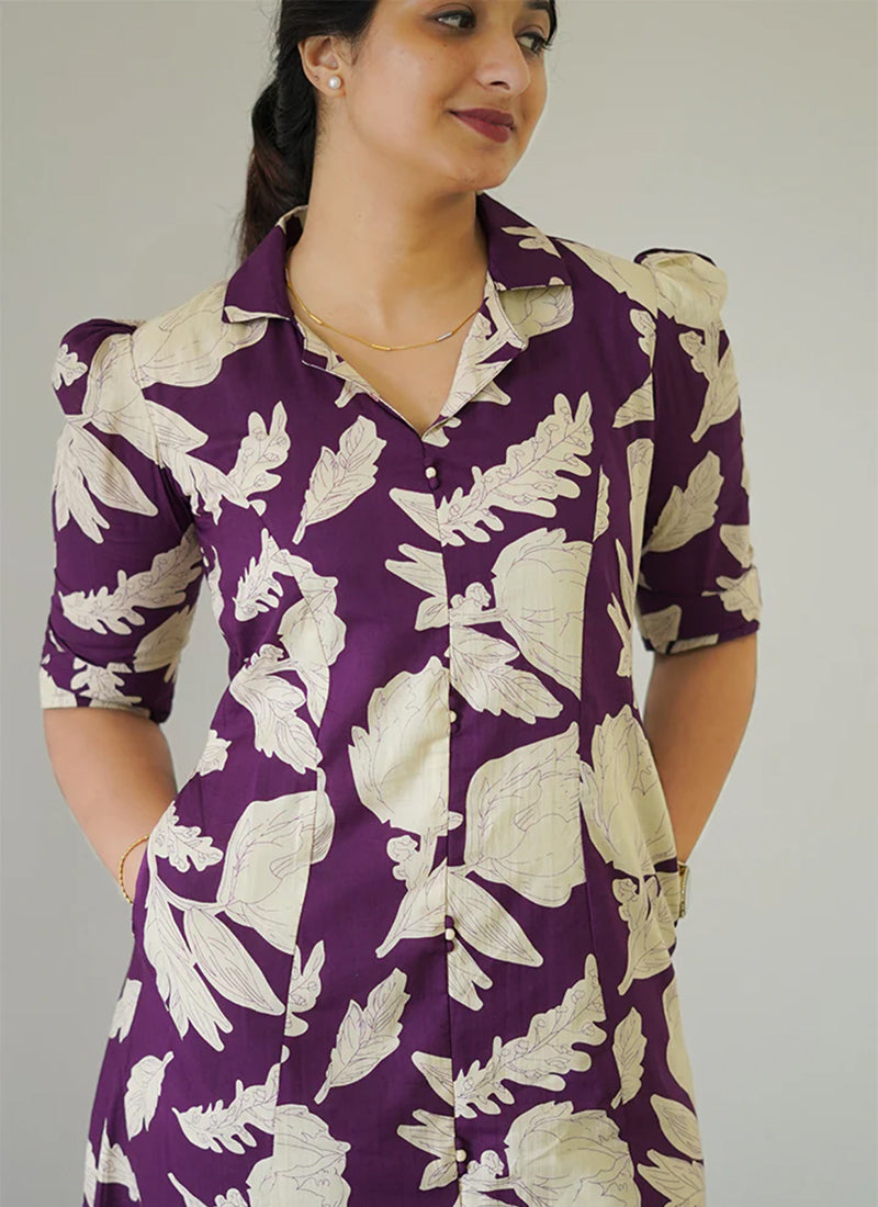 Purple floral printed midi A line dress