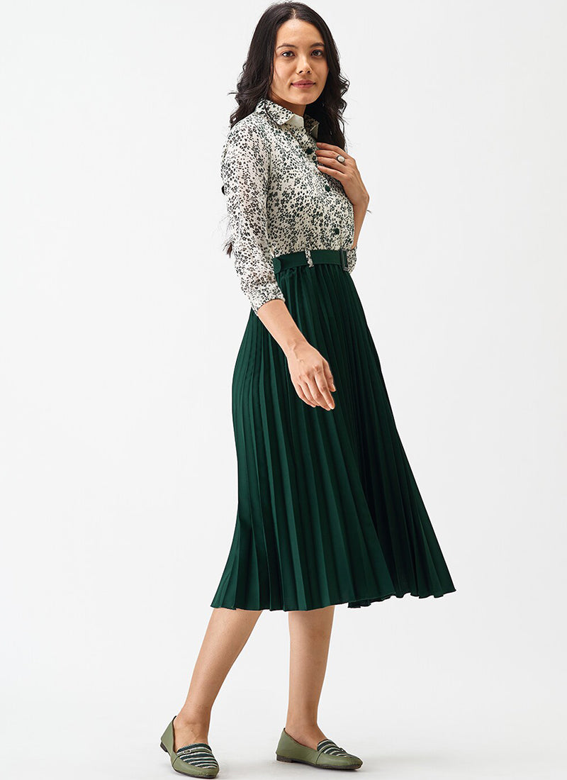 Green Crepe Floral Printed Midi Dress