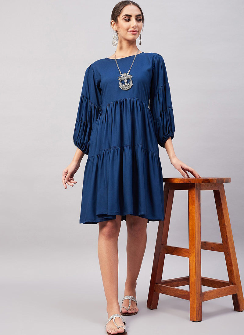 Blue Rayon Solid Midi Dress