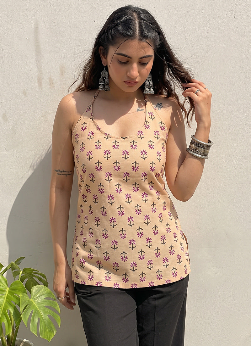 Peach Cotton Printed Sleeveless Kurti
