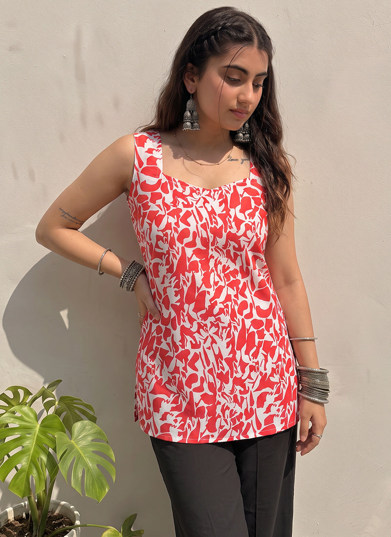 Red And White Printed Cotton Sleeveless Kurti