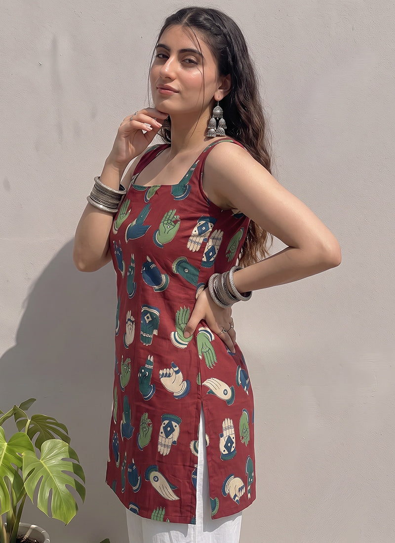 Maroon Cotton Printed Straight-Cut Kurti