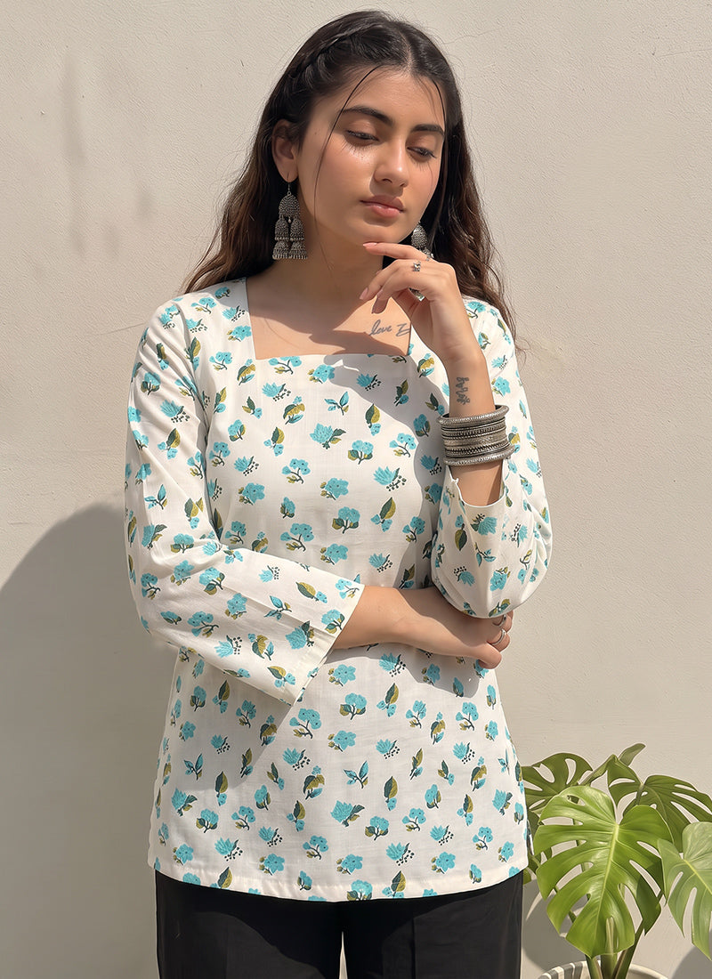 Off White Digital Printed Cotton Kurti