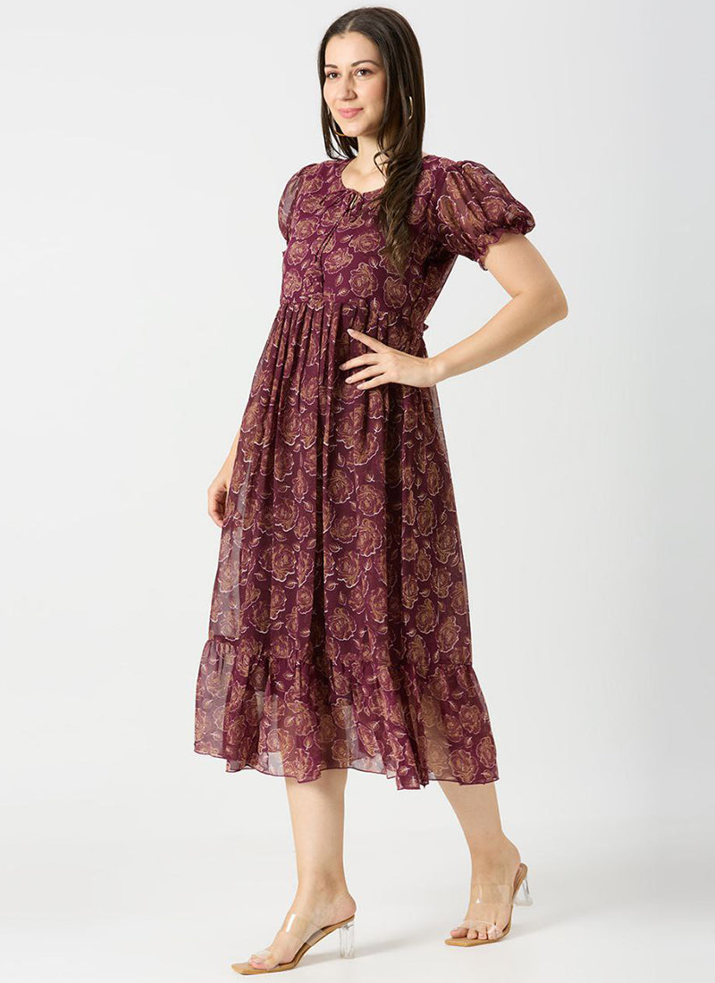 Wine Georgette Rose Printed Outwear Midi Dress
