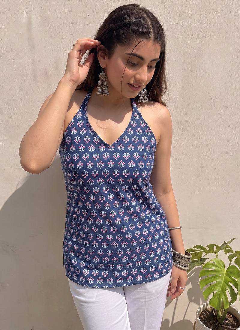 Blue Halter Neck Cotton Printed Outwear Kurti