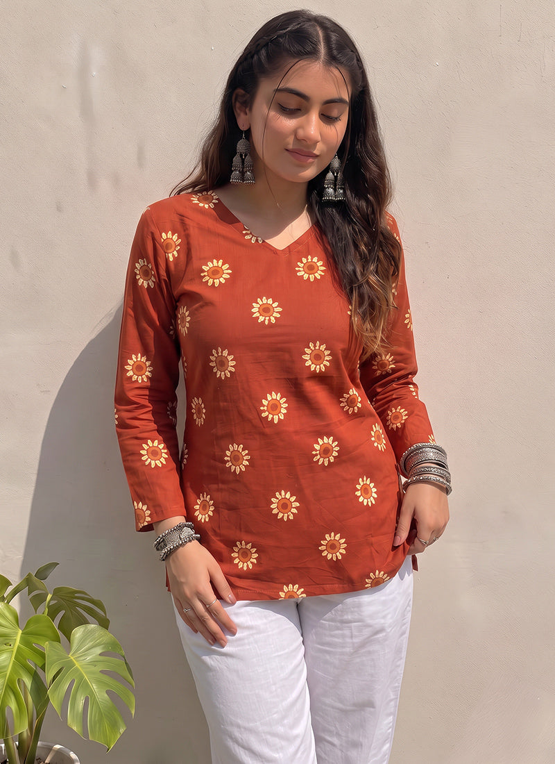 Orange Flower Printed Cotton V Neck Kurti