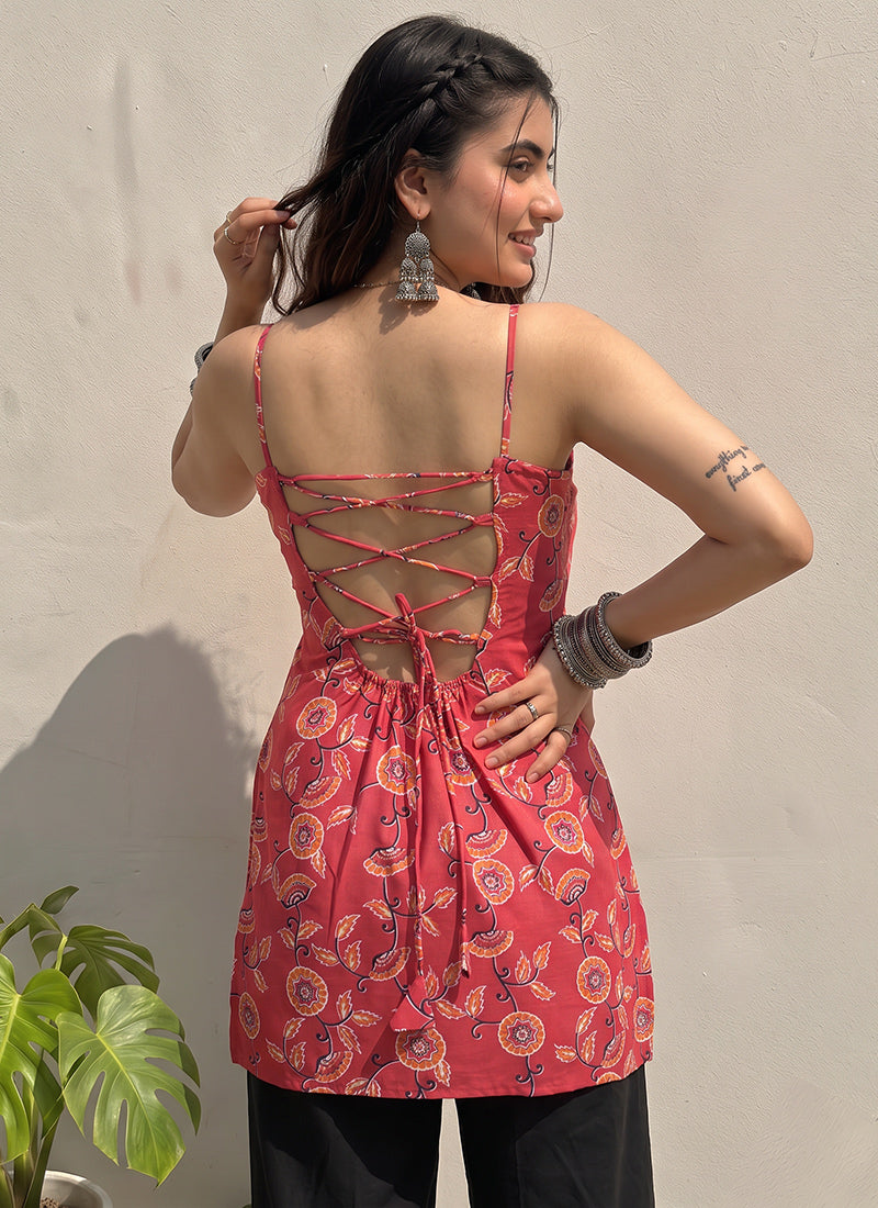 Red Floral Printed Cotton Outwear Kurti