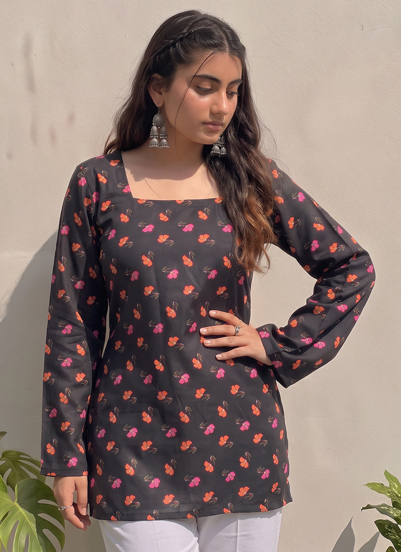 Black Cotton Printed Bell Sleeves Kurti