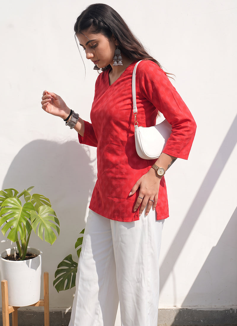 Red Cotton Printed V Neck Officewear Kurti