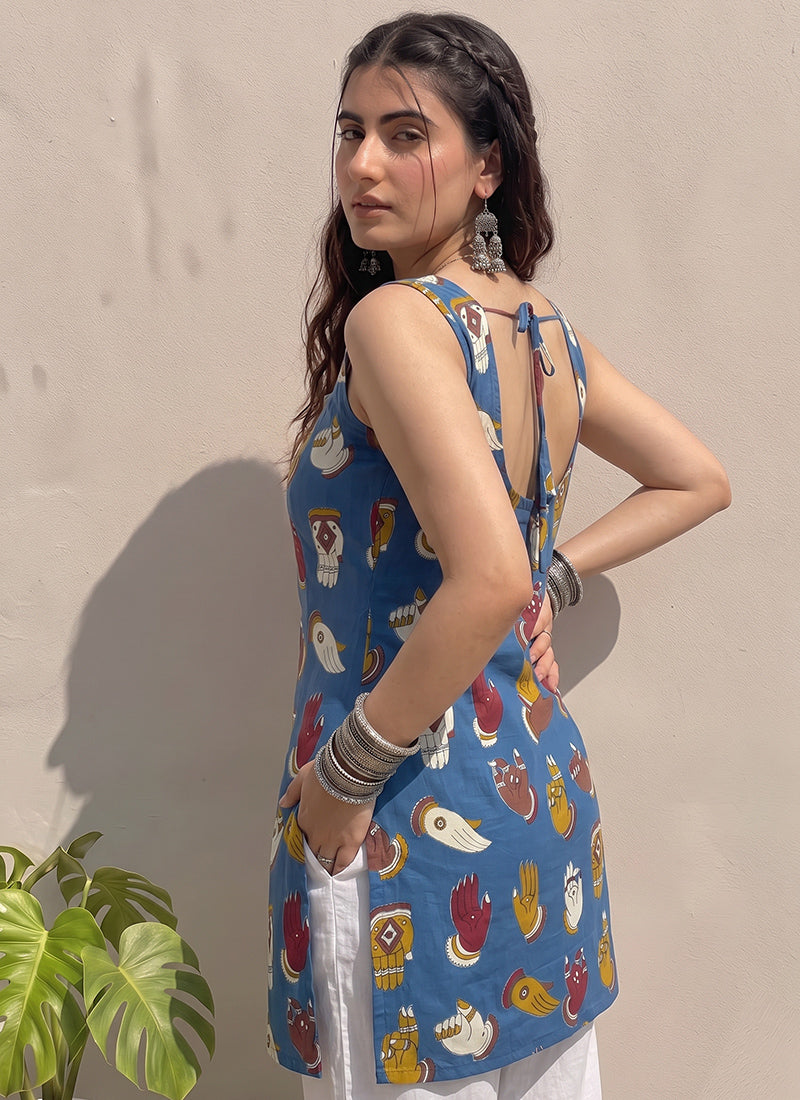 Blue Cotton Printed Straight-Cut Kurti