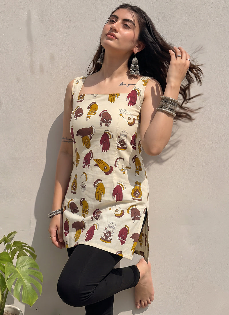 Cream Cotton Sleeveless Outwear Kurti