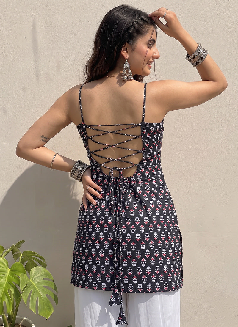 Black Cotton Printed Spaghetti Strap Kurti
