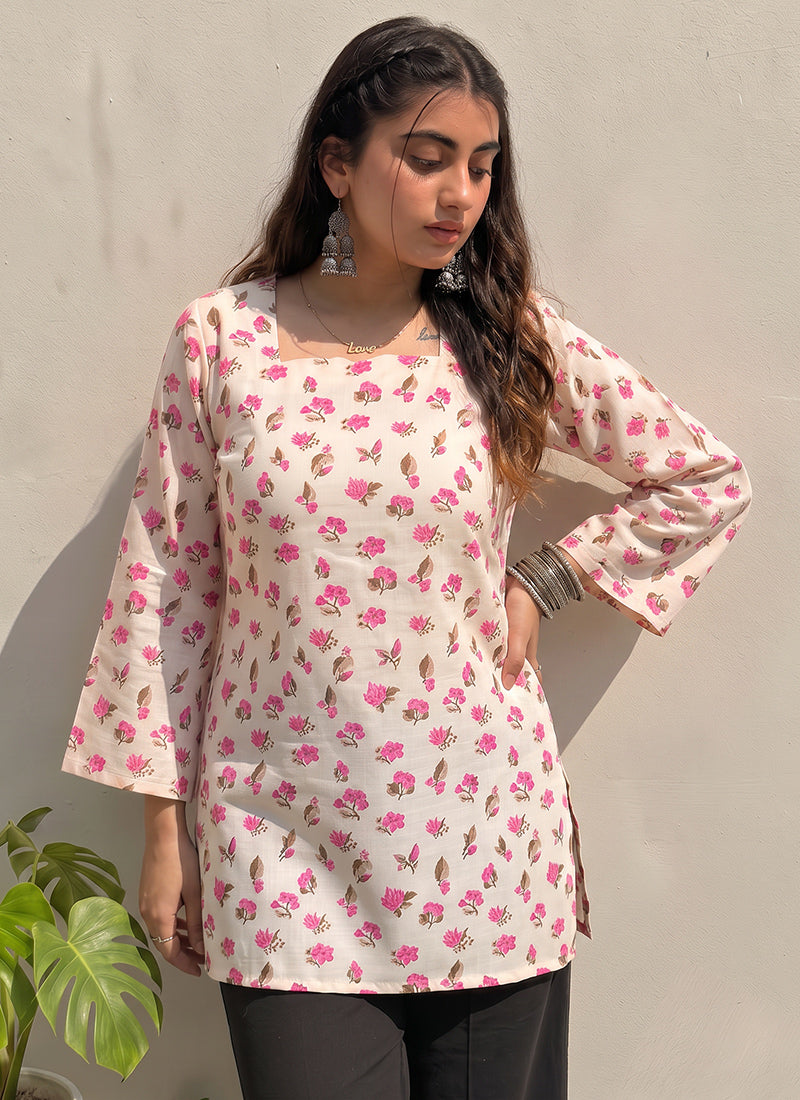 Off White Floral Printed Cotton Officewear Kurti