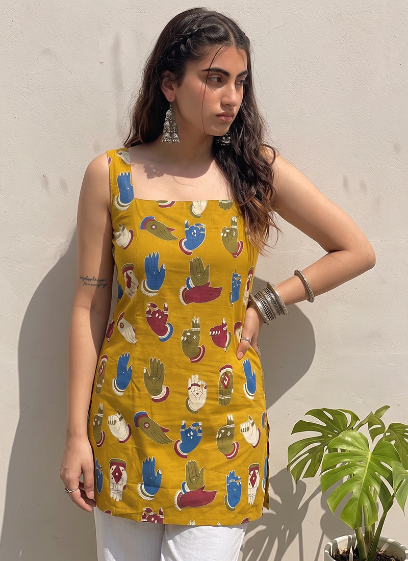 Mustard Cotton Printed Straight-Cut Kurti