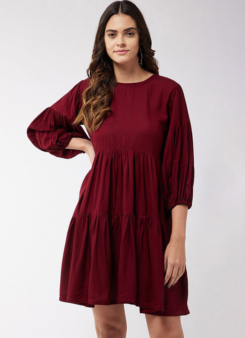 Maroon Rayon Solid Midi Dress