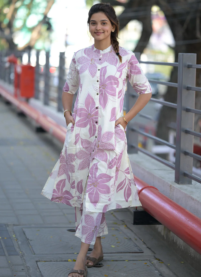 Pink Floral printed rayon cord set