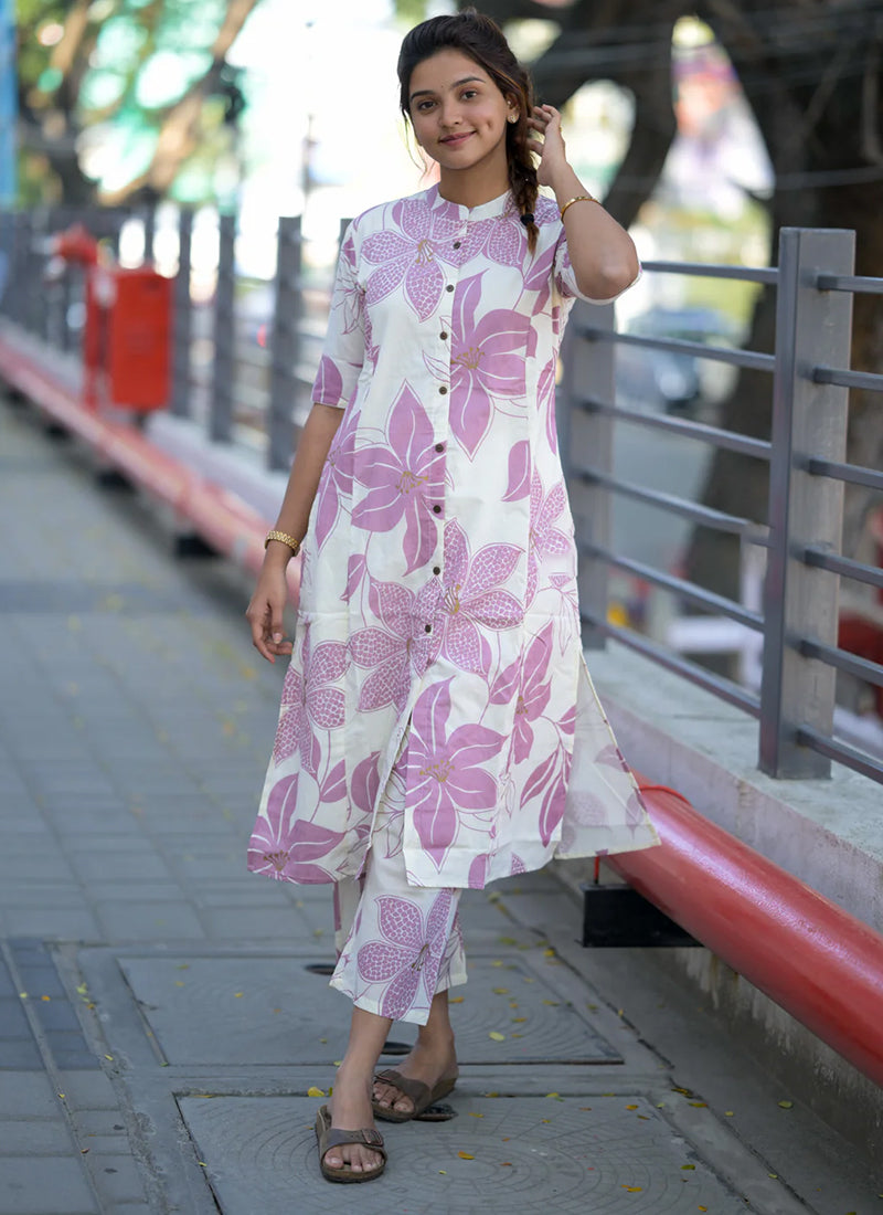 Pink Floral printed rayon cord set