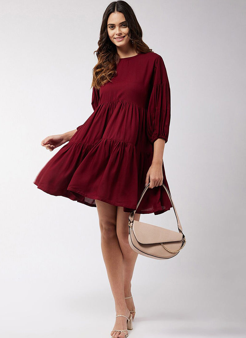 Maroon Rayon Solid Midi Dress