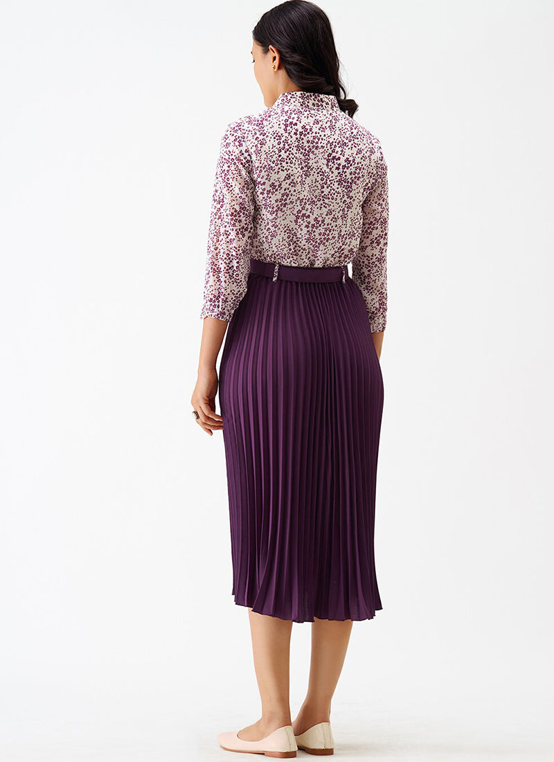 Purple Crepe Floral Printed Midi Dress