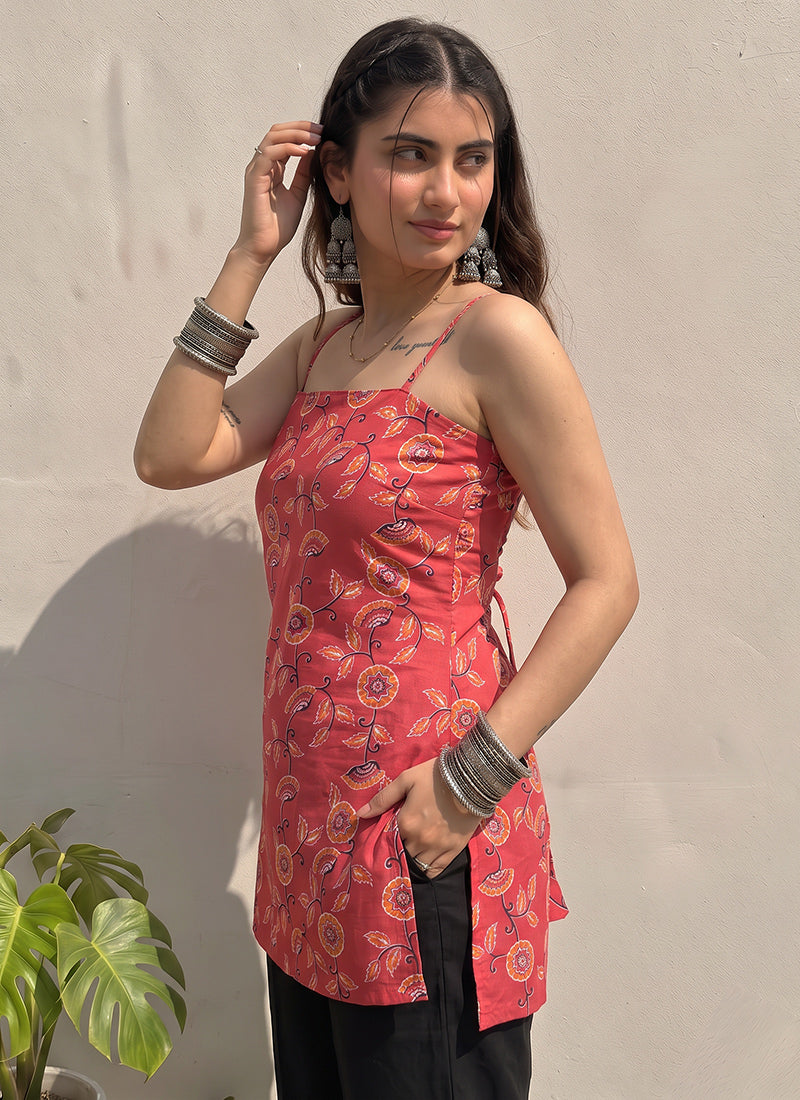 Red Floral Printed Cotton Outwear Kurti