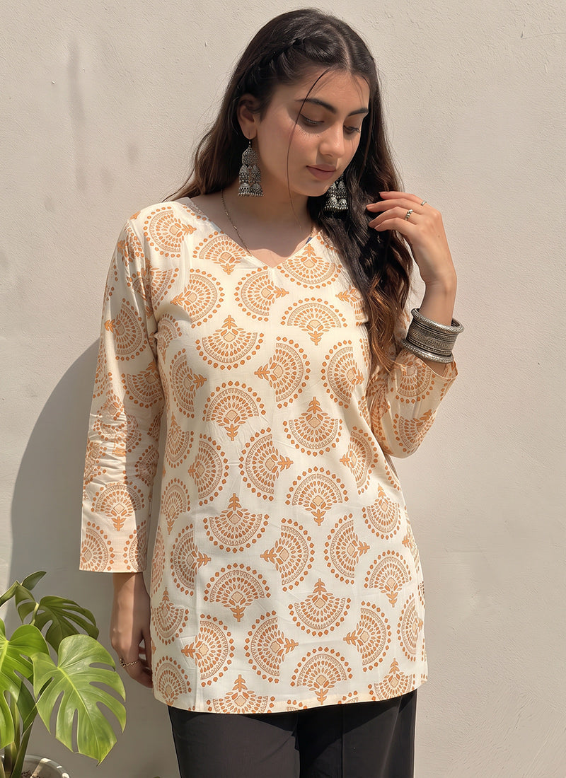 Off White Cotton Printed V Neck Kurti