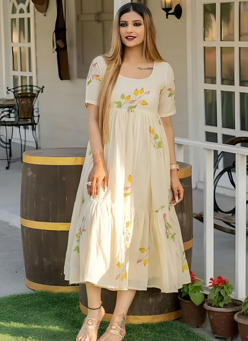 Off White Floral Printed Cotton Outwear Midi Dress