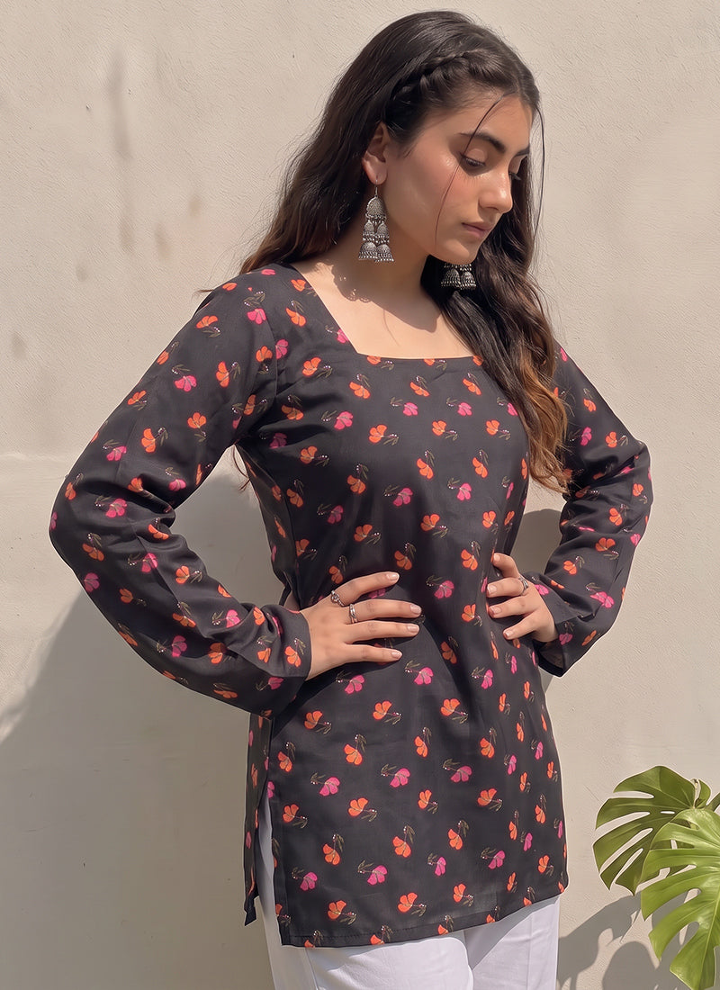 Black Cotton Printed Bell Sleeves Kurti
