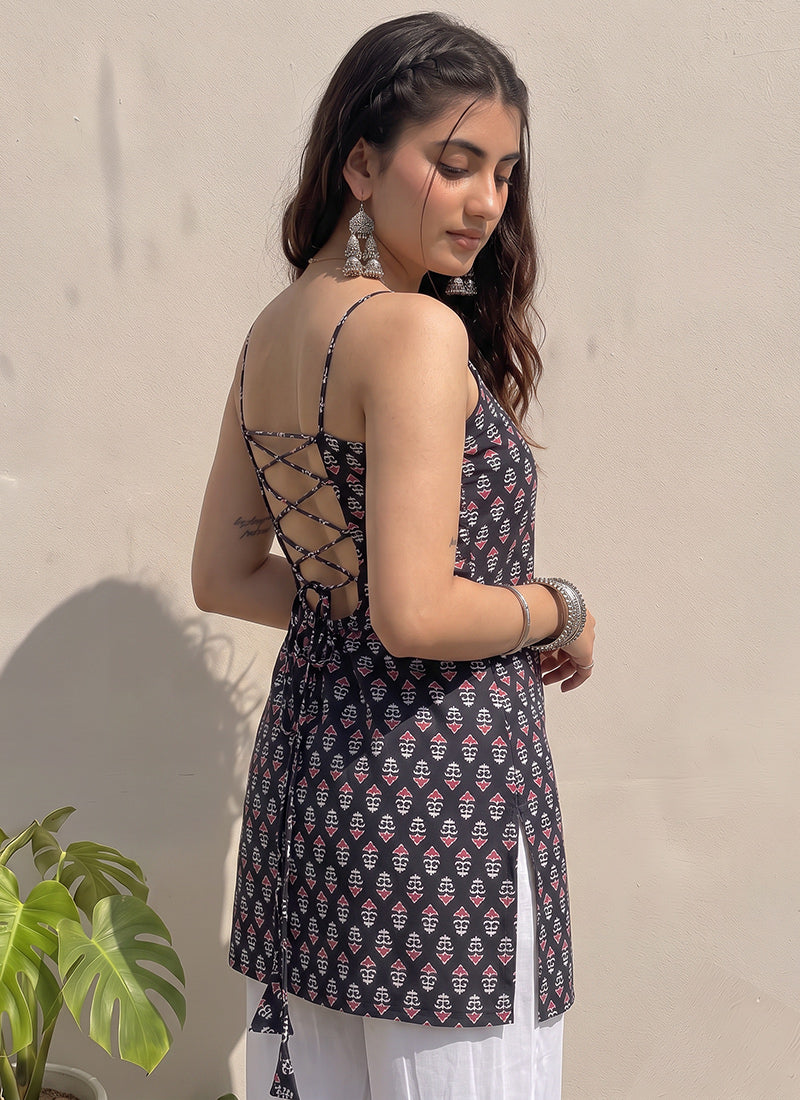 Black Cotton Printed Spaghetti Strap Kurti