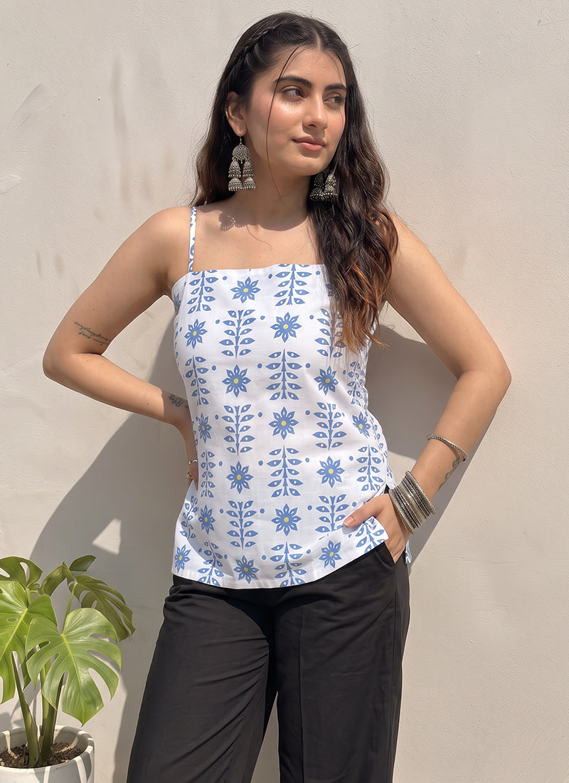 White Floral Printed Cotton Outwear Kurti