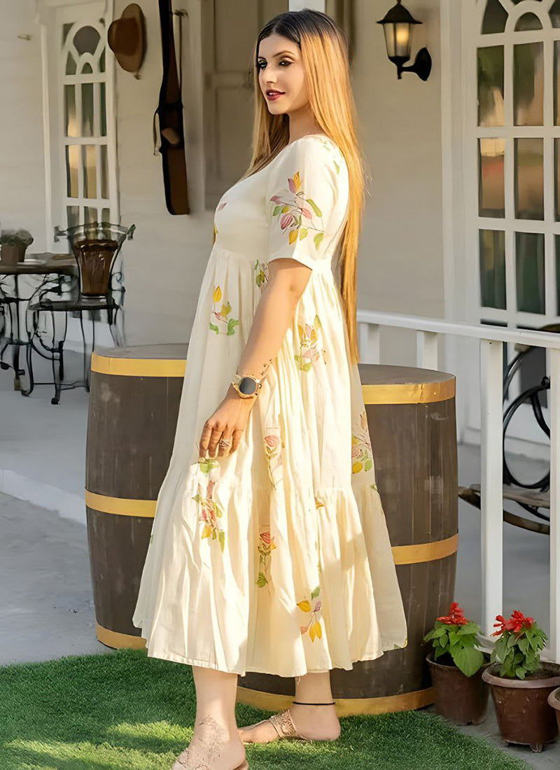 Off White Floral Printed Cotton Outwear Midi Dress