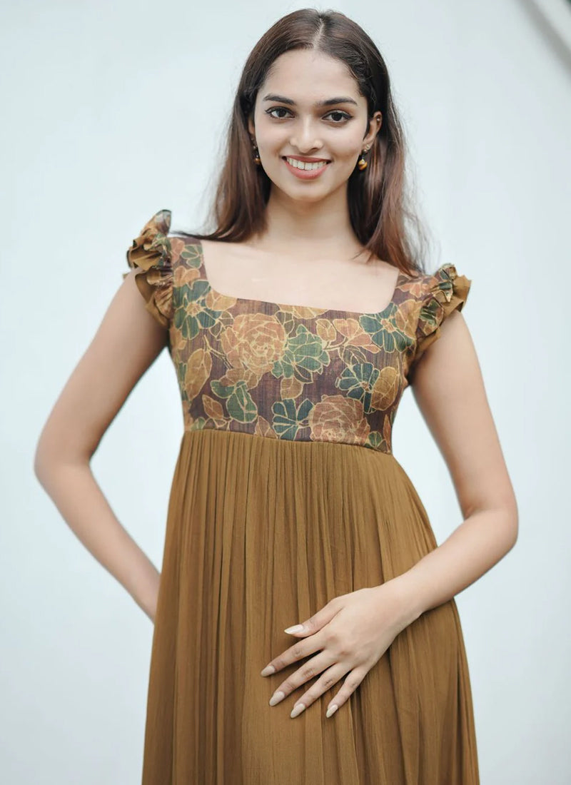 Floral Printed Brown Rayon Tiered Midi Dress