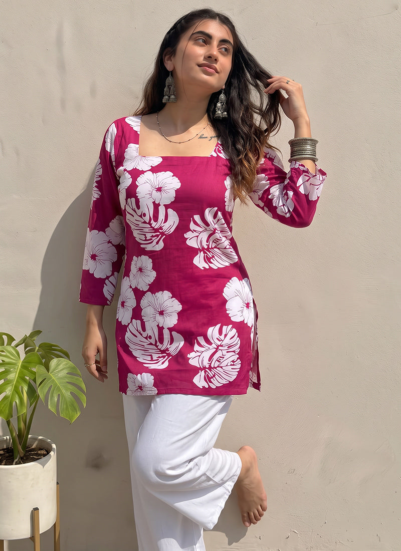 Pink Floral Printed Square Neck Cotton Kurti