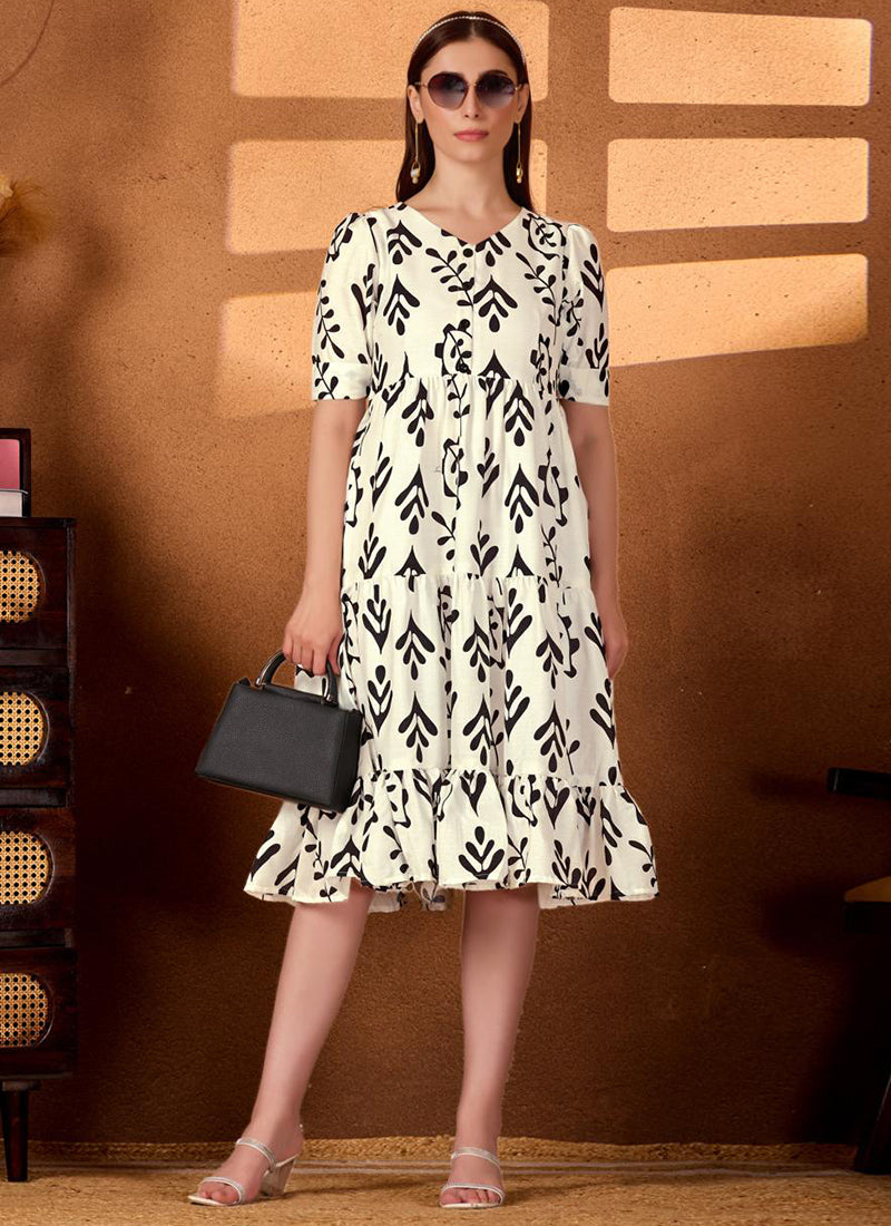 Black And White Rayon Printed Midi Dress
