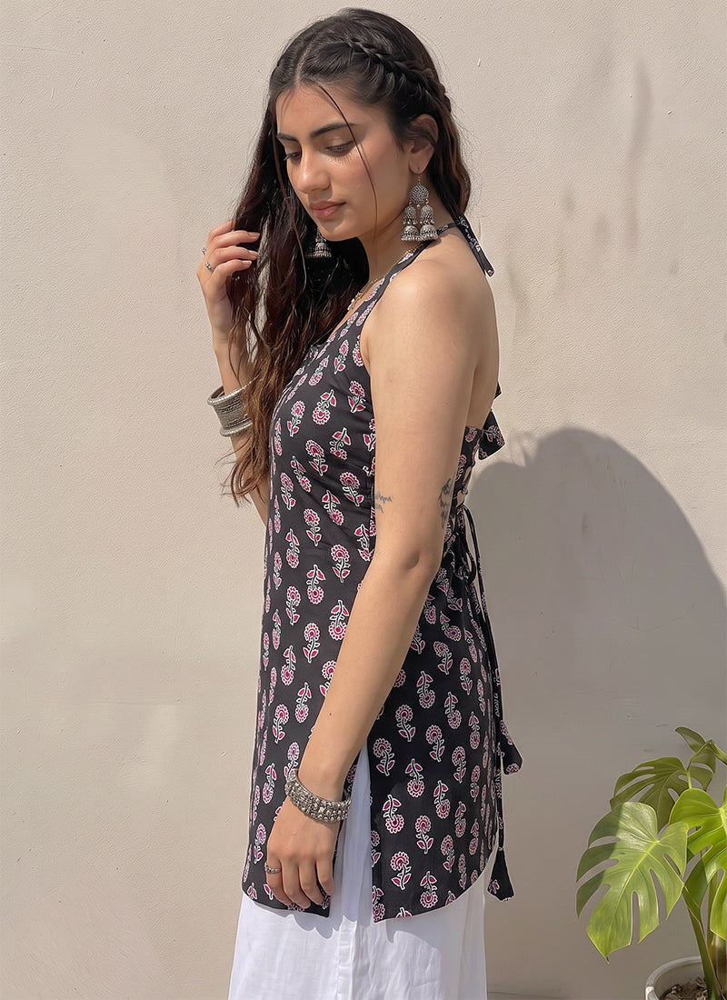 Black Cotton Printed Halter Neck Kurti