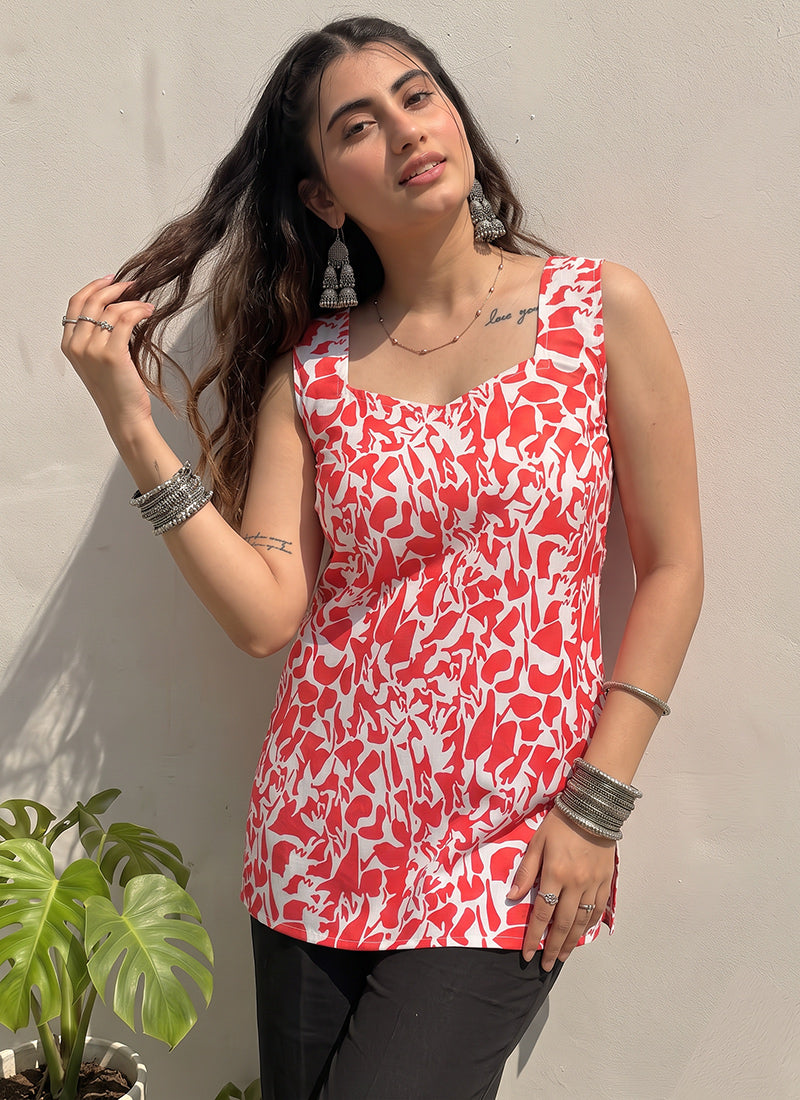 Red And White Printed Cotton Sleeveless Kurti