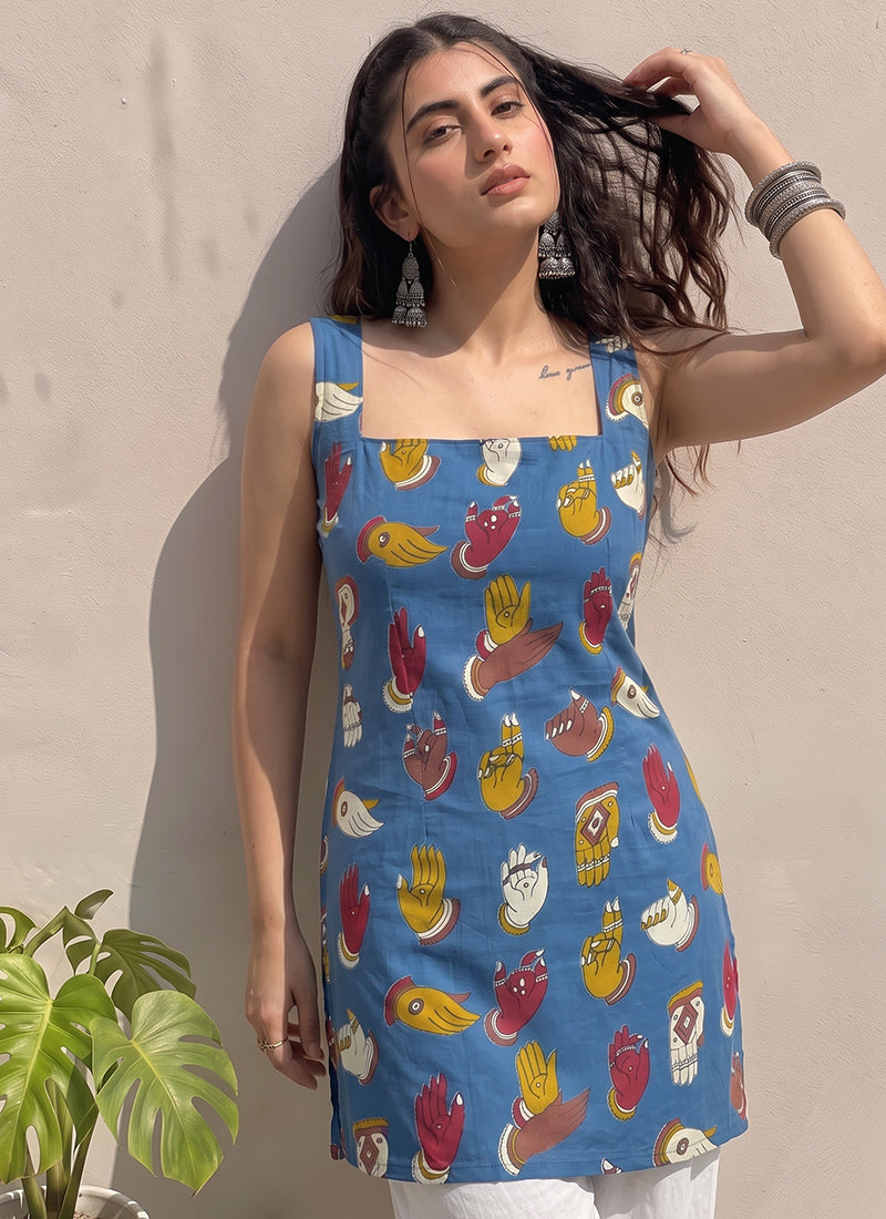Blue Cotton Printed Straight-Cut Kurti