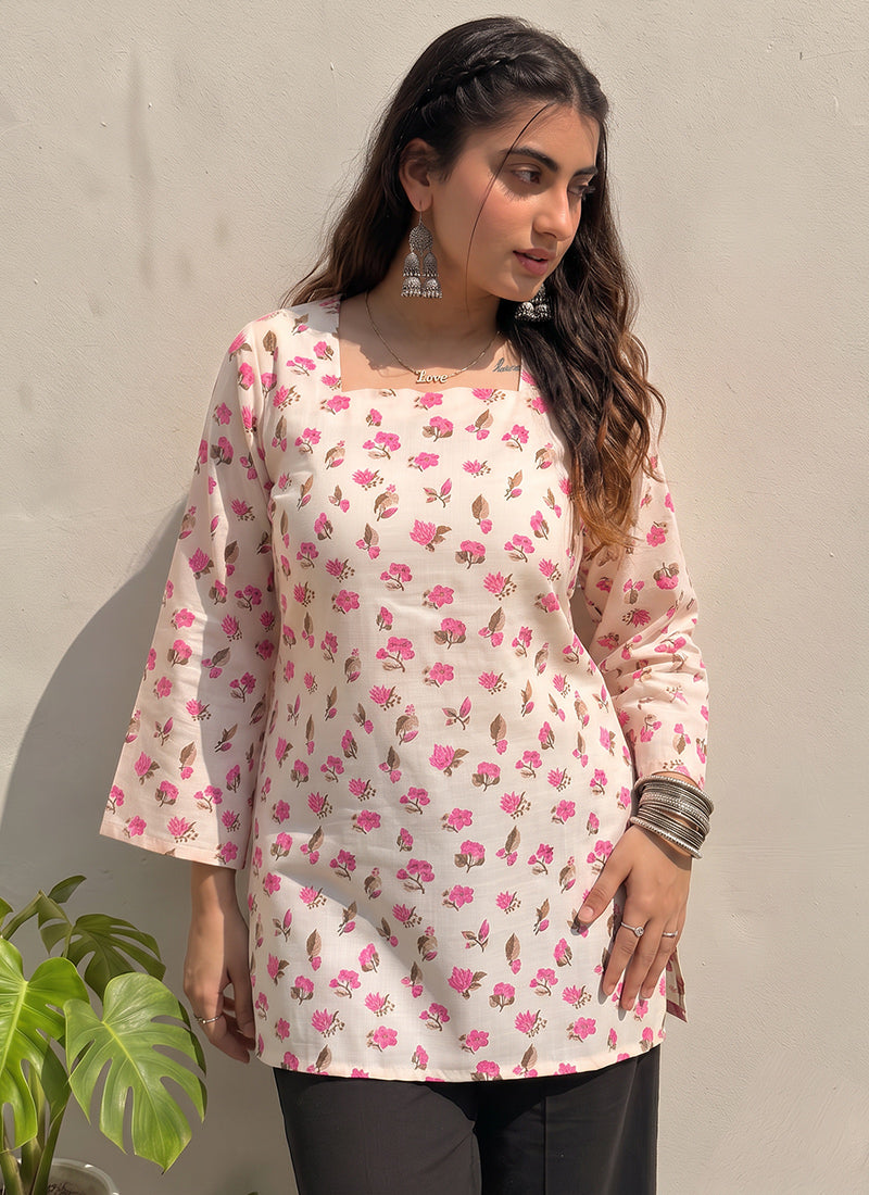 Off White Floral Printed Cotton Officewear Kurti
