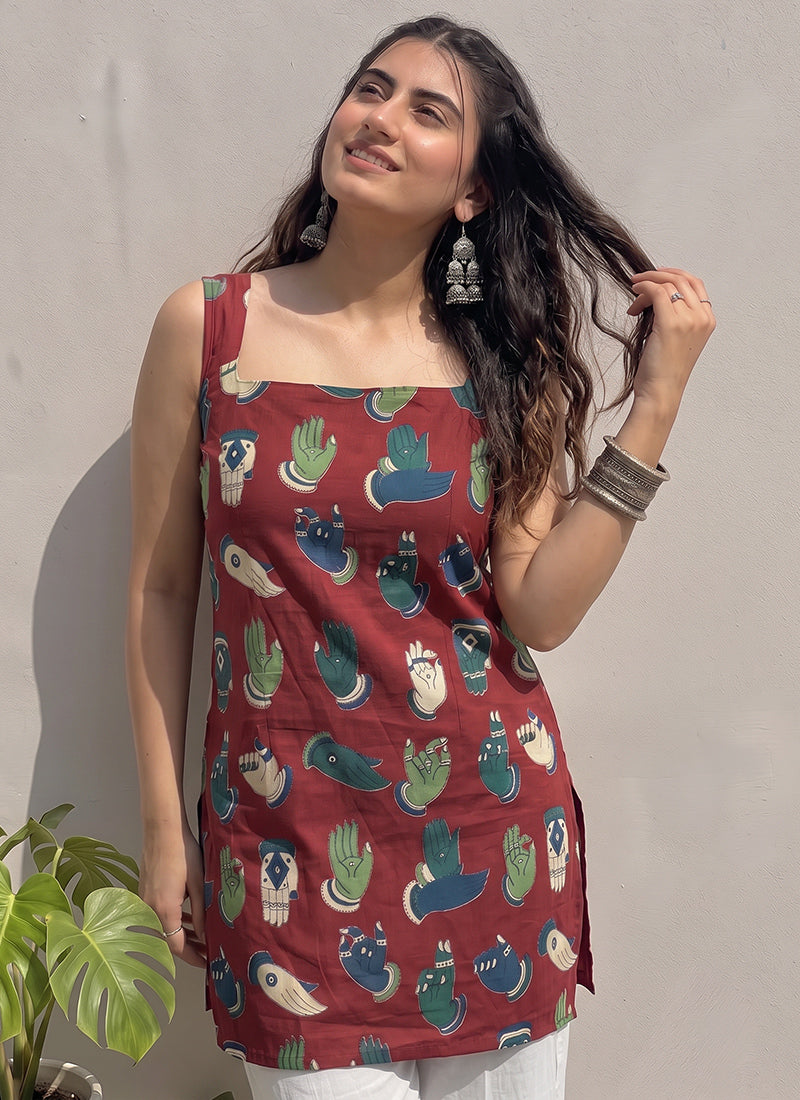 Maroon Cotton Printed Straight-Cut Kurti