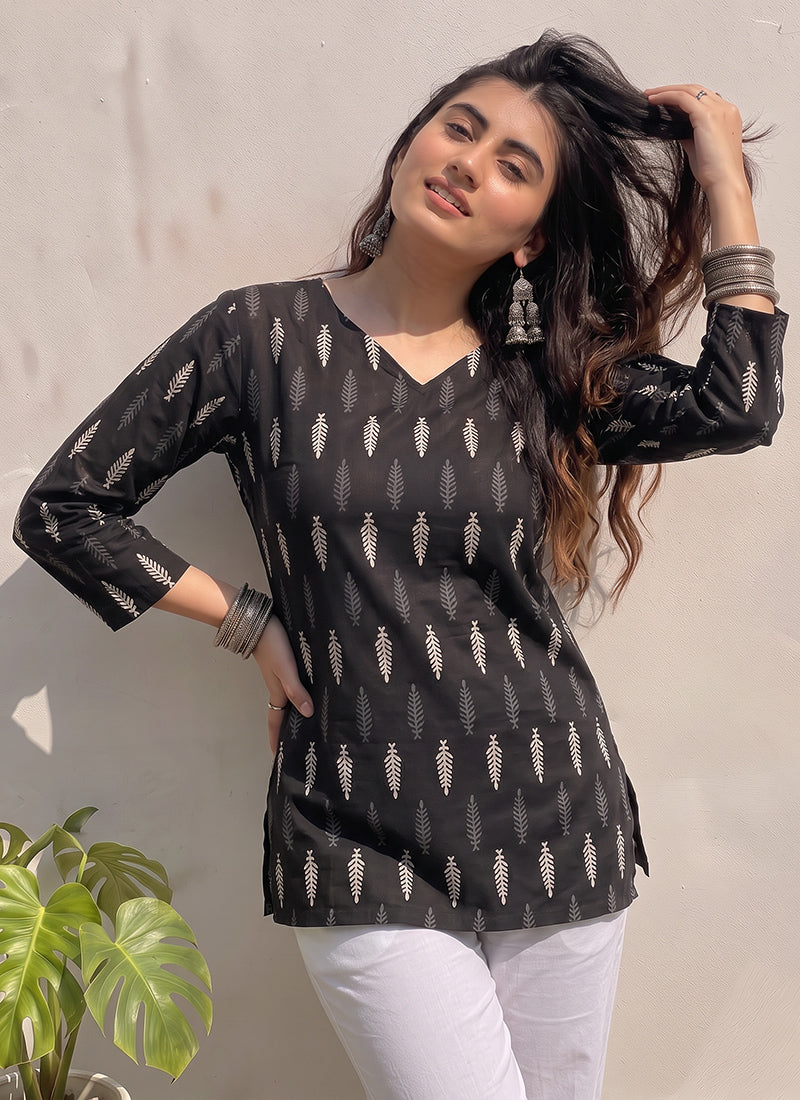 Black Printed Cotton V Neck Kurti