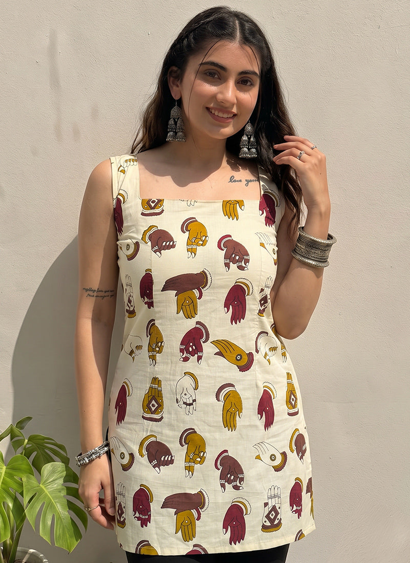 Cream Cotton Sleeveless Outwear Kurti