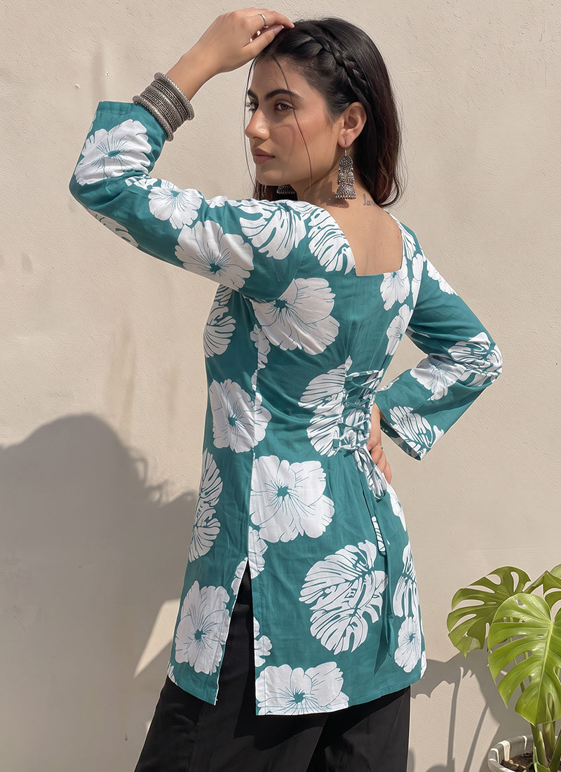 Teal Green Floral Printed Square Neck Cotton Kurti