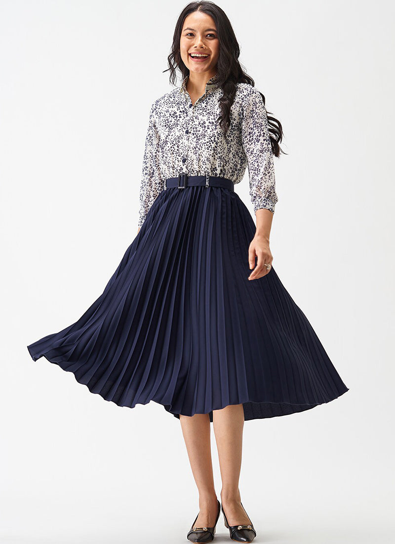 Navyblue Crepe Floral Printed Midi Dress