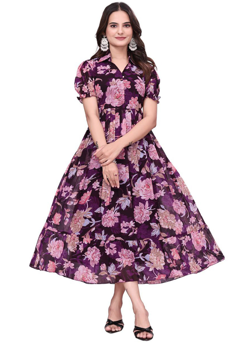 Wine Flower Printed Georgette Fit & Flare Midi Dress
