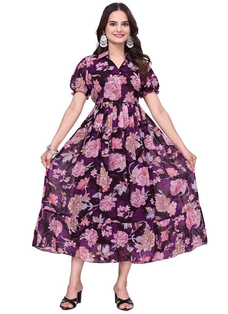 Wine Flower Printed Georgette Fit & Flare Midi Dress